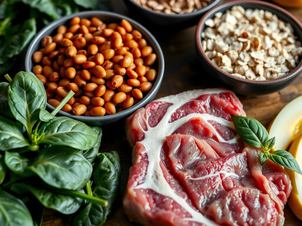 A vibrant, close-up image of iron-rich foods such as spinach, lentils, red meat, and fortified cereals, arranged aesthetically on a rustic wooden table.