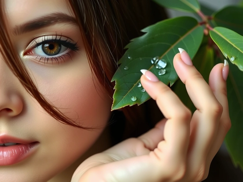 Close-up of healthy skin, shiny hair, and strong nails, with subtle natural elements like water drops or leaves.