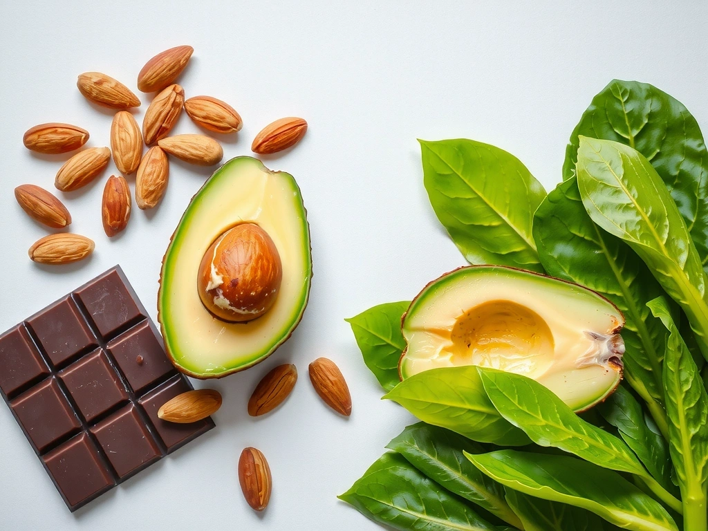 Various magnesium-rich foods like almonds, avocados, dark chocolate, and leafy greens, artfully arranged on a light background, conveying health and wellness.