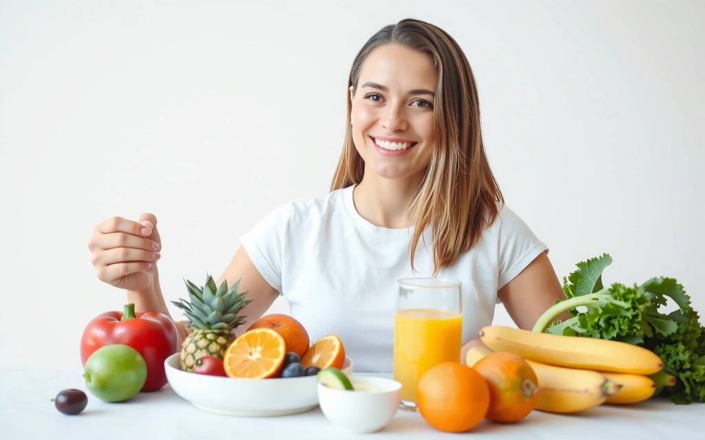 Γυναίκα που απολαμβάνει ένα υγιεινό πρωινό με φρούτα και λαχανικά, τονίζοντας τη σημασία των βιταμινών για την υγεία.